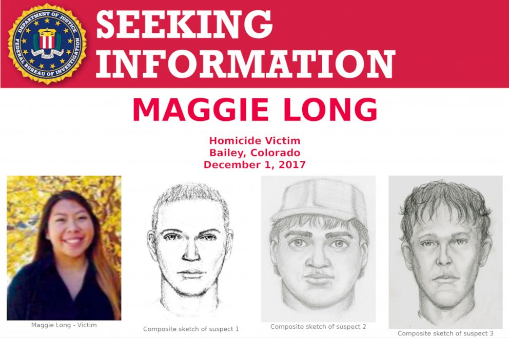 PHOTO: This poster released by the Federal Bureau of Investigation shows Colorado homicide victim Maggie Long, left, and composite sketches of at least three men they were believed involved in her 2017 death.