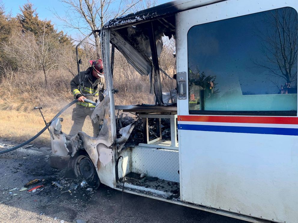 PHOTO: Osawatomie Volunteer Fire Department put out a fire in a mail truck, Dec. 22, 2019, in Osawatomie, Kansas.