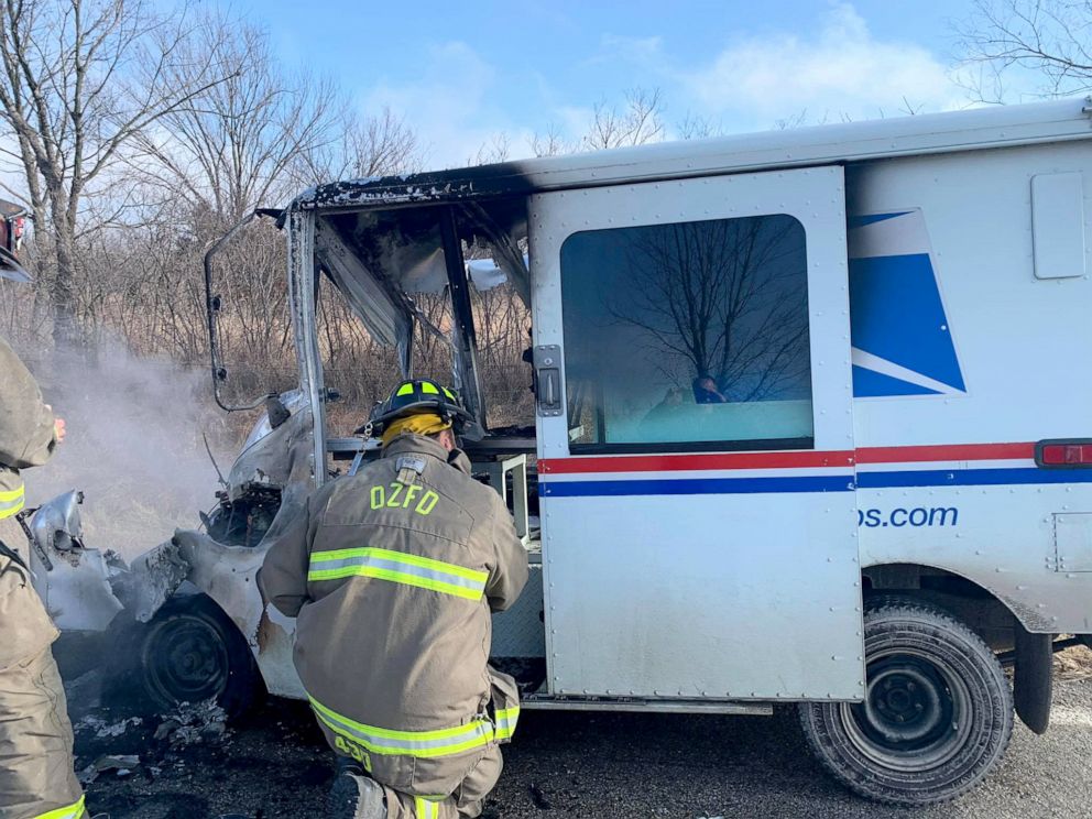 PHOTO: Osawatomie Volunteer Fire Department put out a fire in a mail truck, Dec. 22, 2019, in Osawatomie, Kansas.