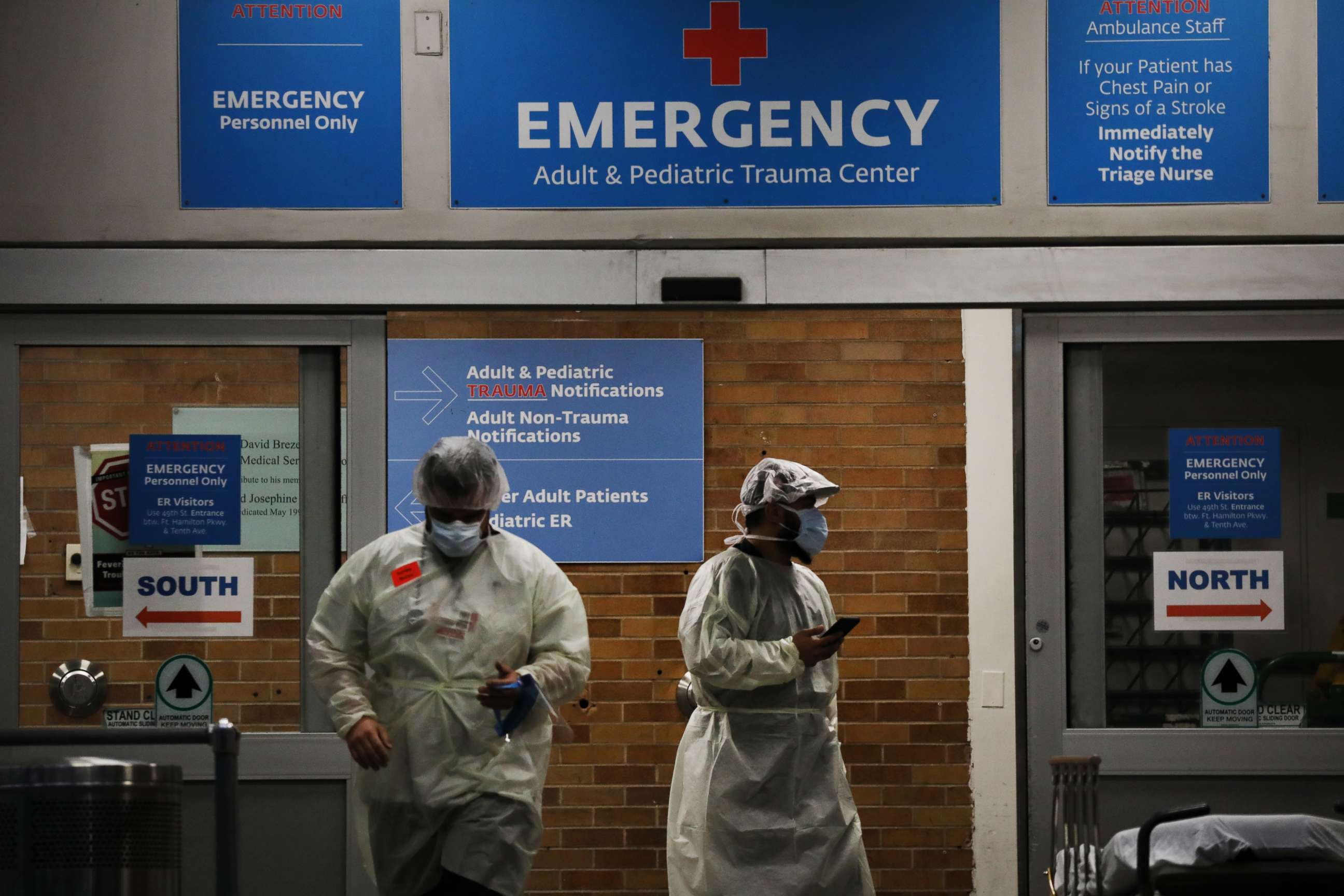 PHOTO: Medical workers take in patients outside a special coronavirus area at Maimonides Medical Center in the Borough Park neighborhood of the Brooklyn borough in New York City on May 06, 2020.