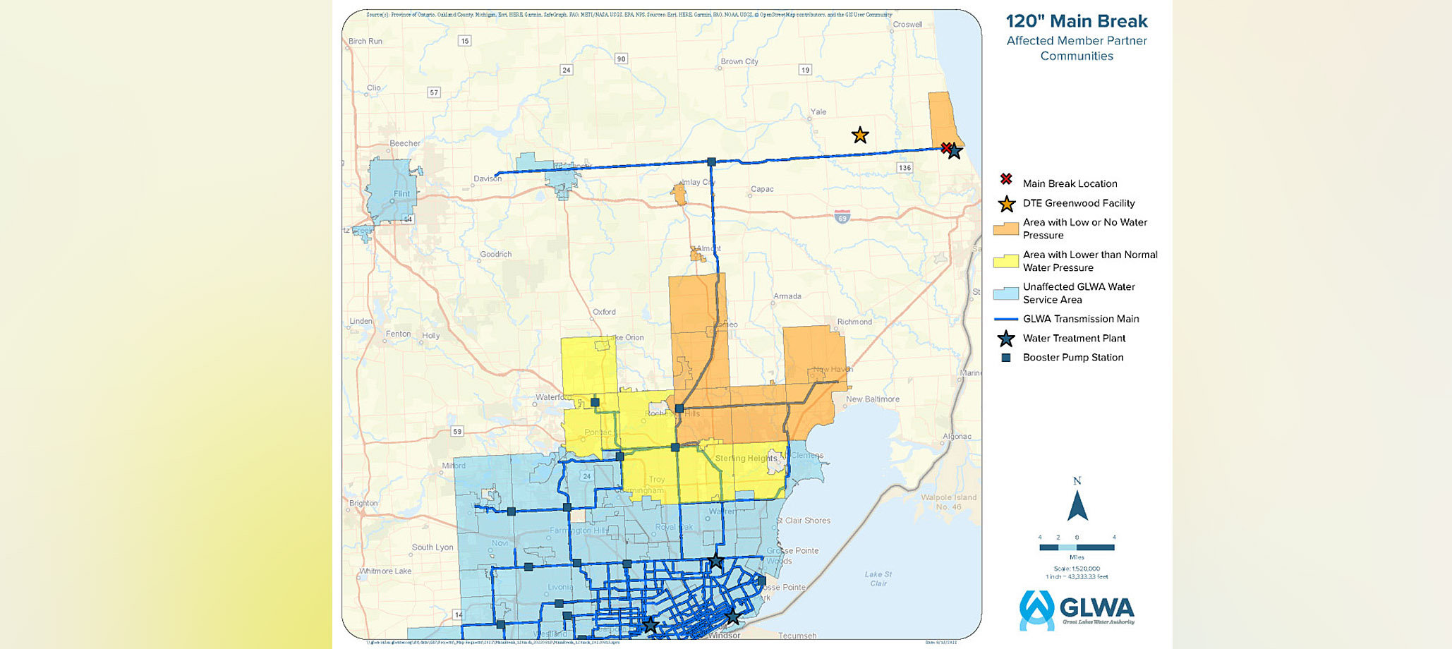 PHOTO: A graphic released by the Great Lakes Water Authority (GLWA) shows areas affected by a leak on a 120-inch water main. The affected water transmission main distributes drinking water to communities in the northern part of GLWA’s service area.