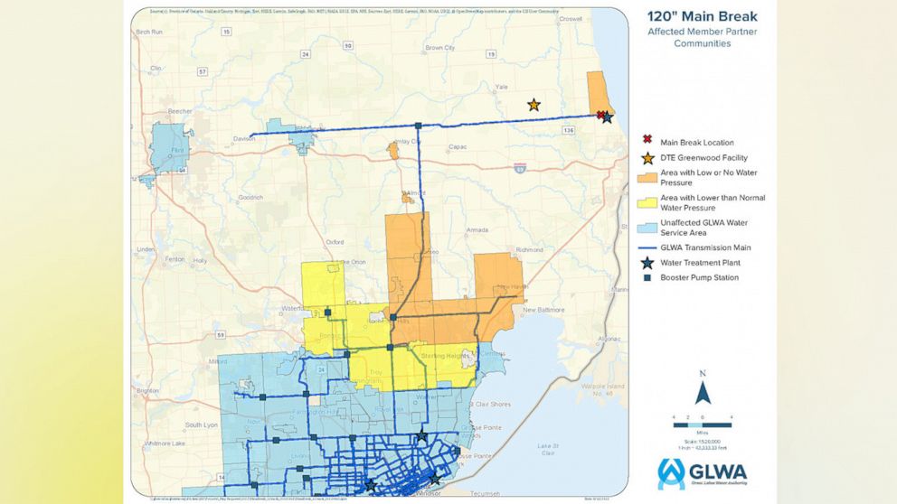 Photo: A graphic released by the Great Lakes Water Authority (GLWA) shows areas affected by the leak at a 120-inch water main.  The affected water transmission distributes drinking water to communities in the northern part of the main GLWA's service area.