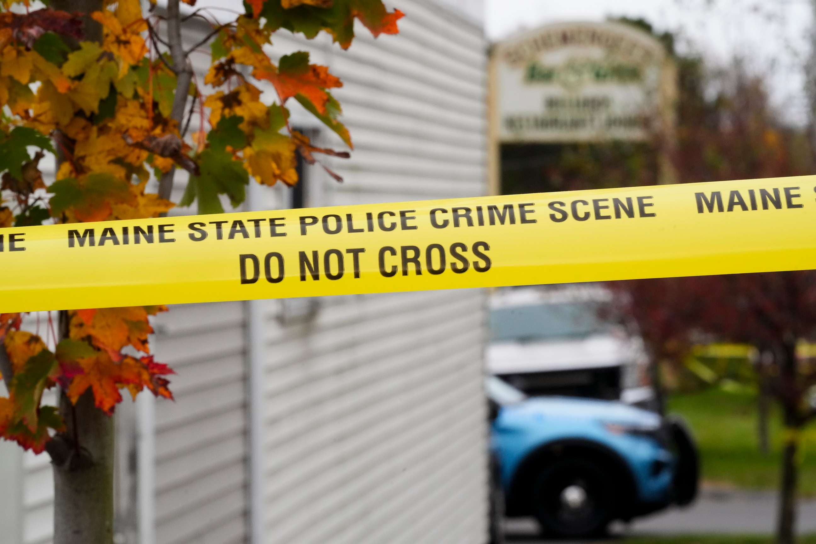 PHOTO: Crime scene tape still surrounds Schemengees Bar & Grille, Sunday, Oct. 29, 2023, in Lewiston, Maine.