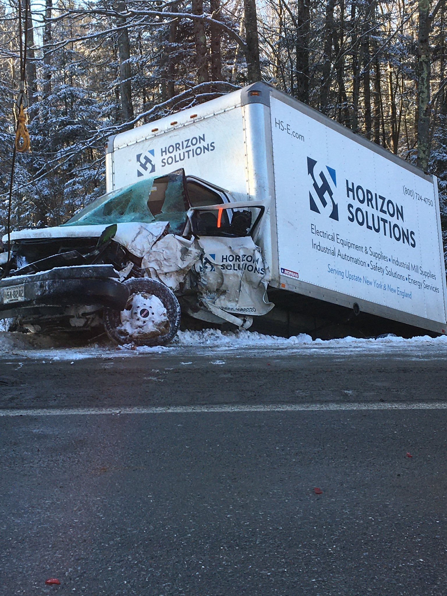 PHOTO: A truck involved in a multi-vehicle crash on I-95 near Carmel, Maine, sits on the shoulder of the highway, Jan. 7, 2020.