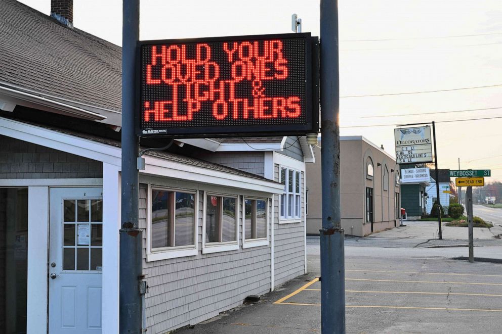 PHOTO: A sign is displayed in Lewiston, Maine, on Oct. 27, 2023, in the aftermath of a mass shooting.