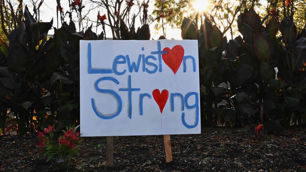 PHOTO: A sign reading "Lewiston Strong" is displayed in Lewiston, Maine, on Oct. 27, 2023, in the aftermath of a mass shooting.