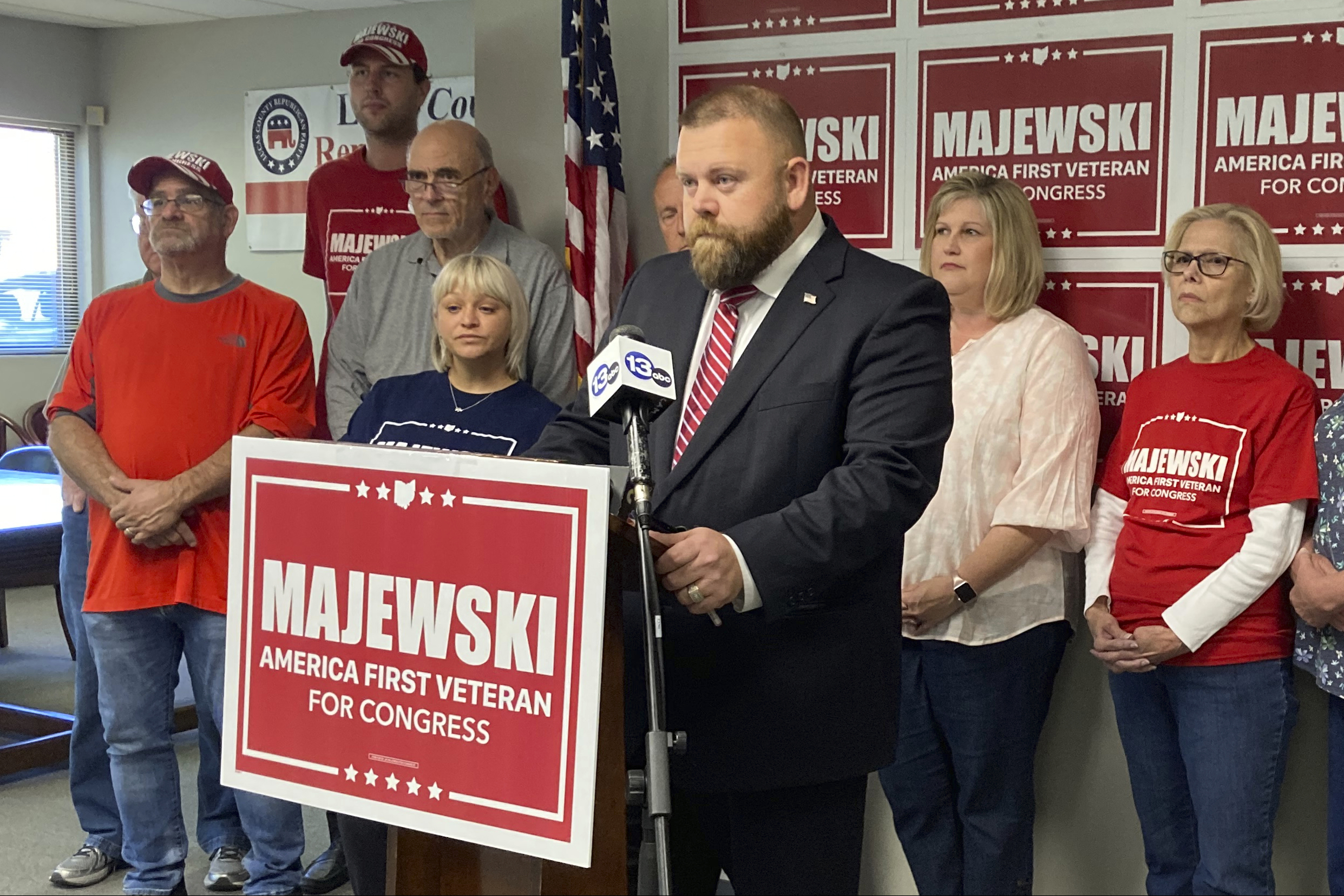 PHOTO: Ohio Republican congressional candidate J.R. Majewski defends his military record at a news conference on Sept. 23, 2022, in Holland, Ohio.