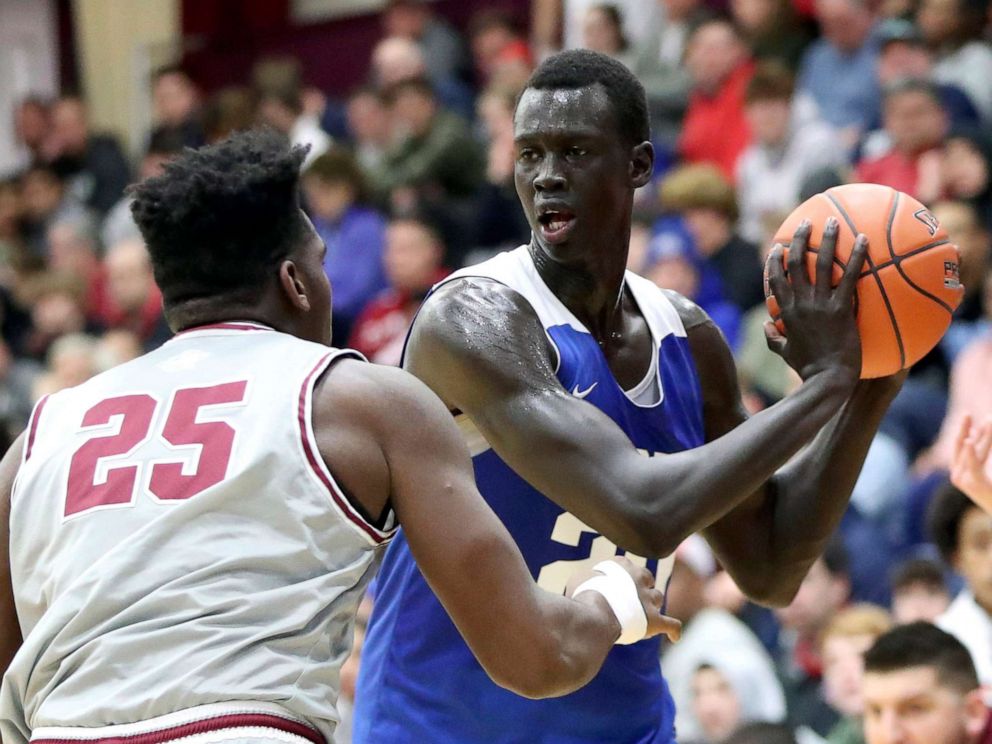 PHOTO: Makur Maker (20) controls the ball against Sunrise Christian Academy during a high school basketball game at the Hoophall Classic in Springfield, Mass., Jan. 19, 2020,