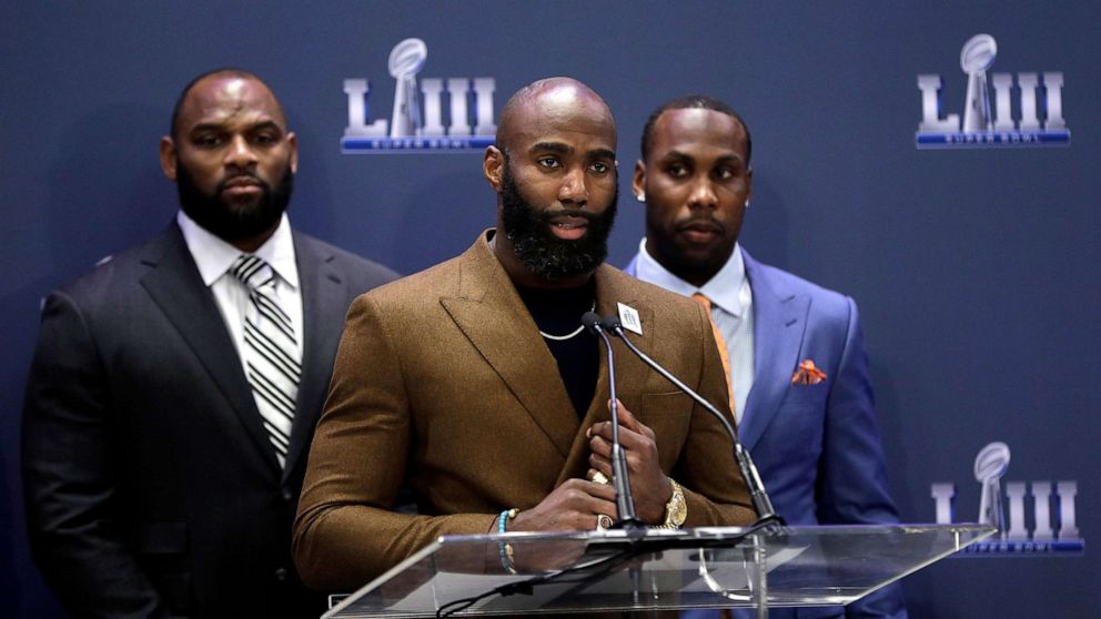 PHOTO: Philadelphia Eagles' Malcolm Jenkins, co-founder of the Players Coalition, speaks during a Players Coalition Charitable Foundation news conference for the NFL Super Bowl 53 football game, Jan. 30, 2019, in Atlanta.
