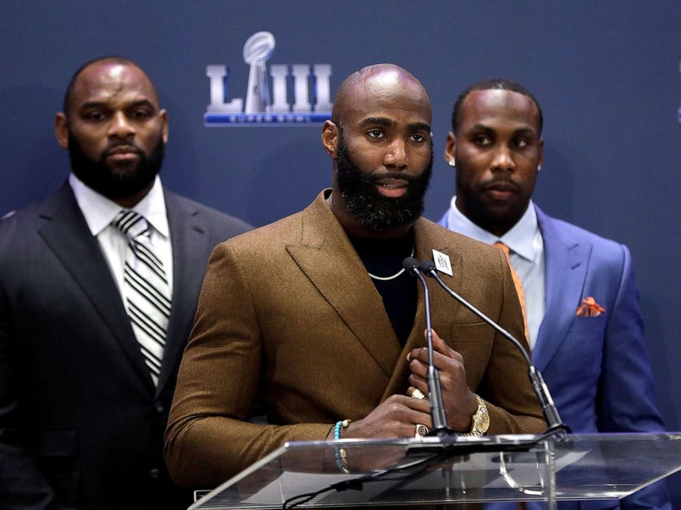 PHOTO: Philadelphia Eagles Malcolm Jenkins, co-founder of the Players Coalition, speaks during a Players Coalition Charitable Foundation news conference for the NFL Super Bowl 53 football game, Jan. 30, 2019, in Atlanta.