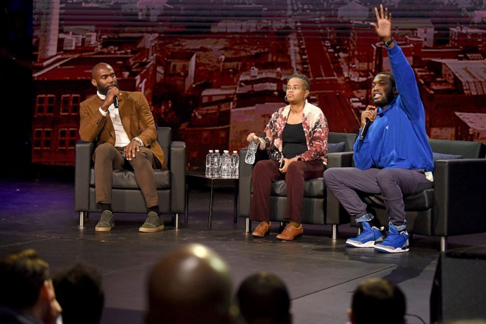 PHOTO: The NFL Players Coalition, a nonprofit co-founded by Philadelphia Eagles' Malcolm Jenkins, left, hosts a public forum with rapper Meek Mill, right, and Rev. Leslie D. Callahan, center, at Community College of Philadelphia, Oct. 28, 2019.