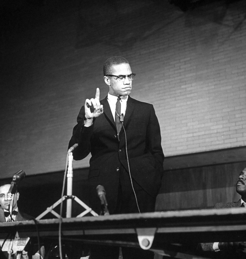 PHOTO: Malcolm X reacts during a speech at a rally .