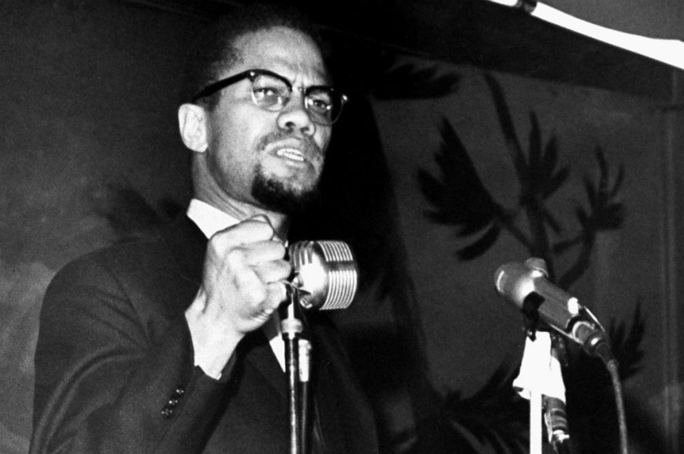 PHOTO: Malcolm X speaks at the Audubon Ballroom in Harlem on Feb. 15, 1965, six days before he was shot to death in the same ballroom.