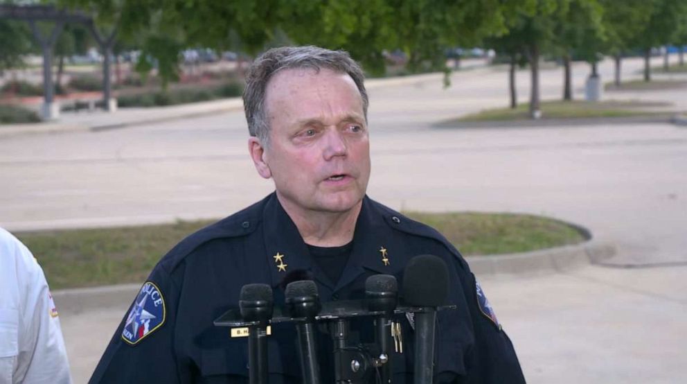PHOTO: Allen Police Chief Brian Harvey addresses reporters on a mass shooting at the Allen Premium Outlets, May 6, 2023.