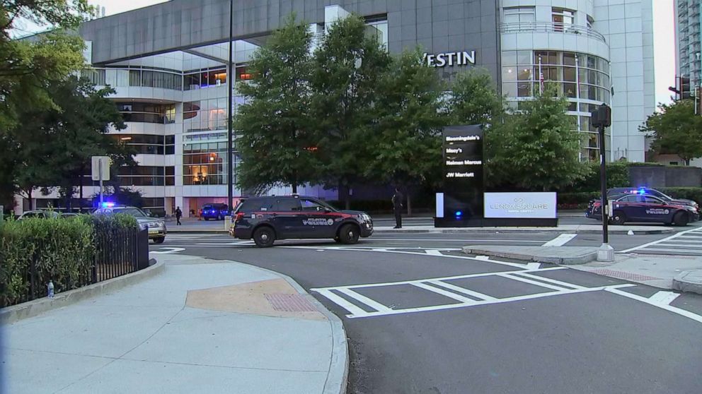 PHOTO: Police on the scene in Atlanta where two teens shot a guard at Lenox Square Mall and fled to the nearby Westin Hotel, where they were captured and arrested, June 13, 2021.