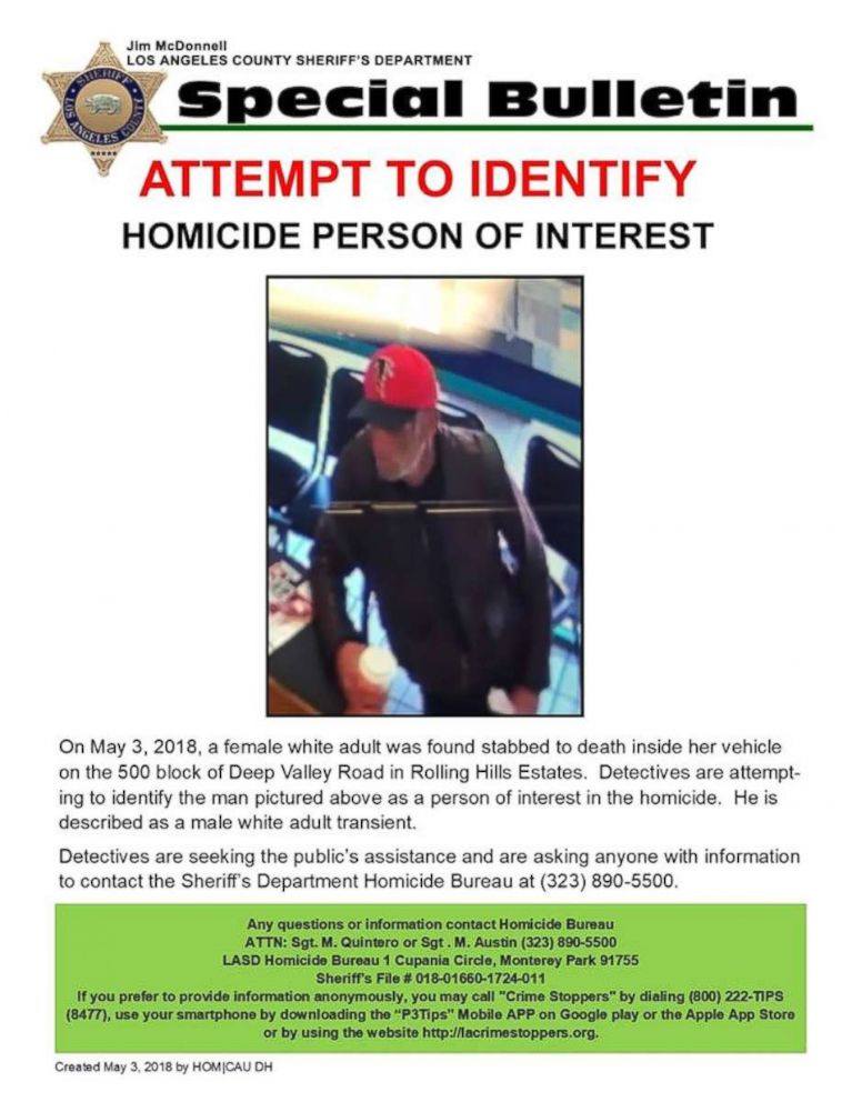 PHOTO: Detectives are asking for the public's help in identifying a "person of interest" who is believed to have been near where a woman was found stabbed to death on May 3, 2018, in Rolling Hills Estates, California.
