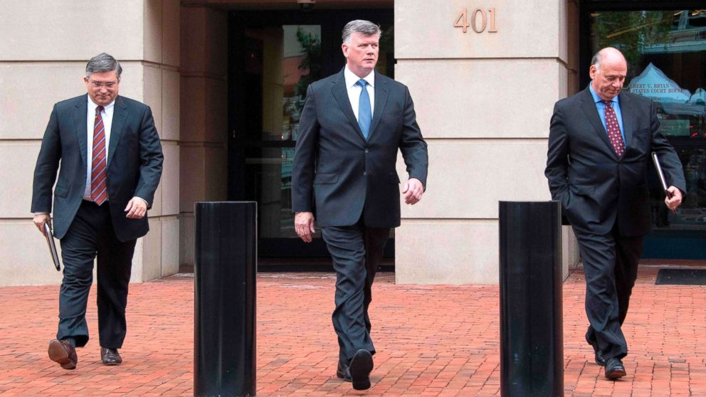 PHOTO: The defense attorneys for former Trump campaign manager Paul Manafort, including lead attorney Kevin Downing (C), Richard Westling (L) and Thomas Zehnle (R), depart the US Courthouse in Alexandria, Va., Aug. 21, 2018.