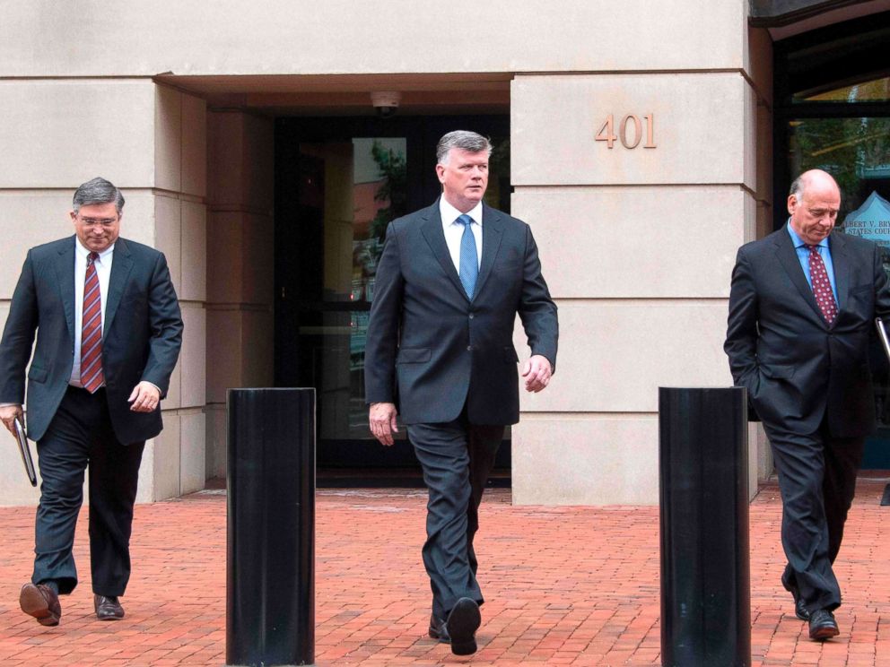 PHOTO: The defense attorneys for former Trump campaign manager Paul Manafort, including lead attorney Kevin Downing (C), Richard Westling (L) and Thomas Zehnle (R), depart the US Courthouse in Alexandria, Va., Aug. 21, 2018.