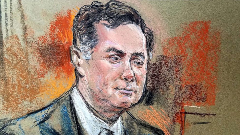 PHOTO: Former Trump campaign manager Paul Manafort is shown in a court room sketch, during a testimony of a longtime business associate Rick Gates (not shown), in Alexandria, Va., Aug. 6, 2018. 