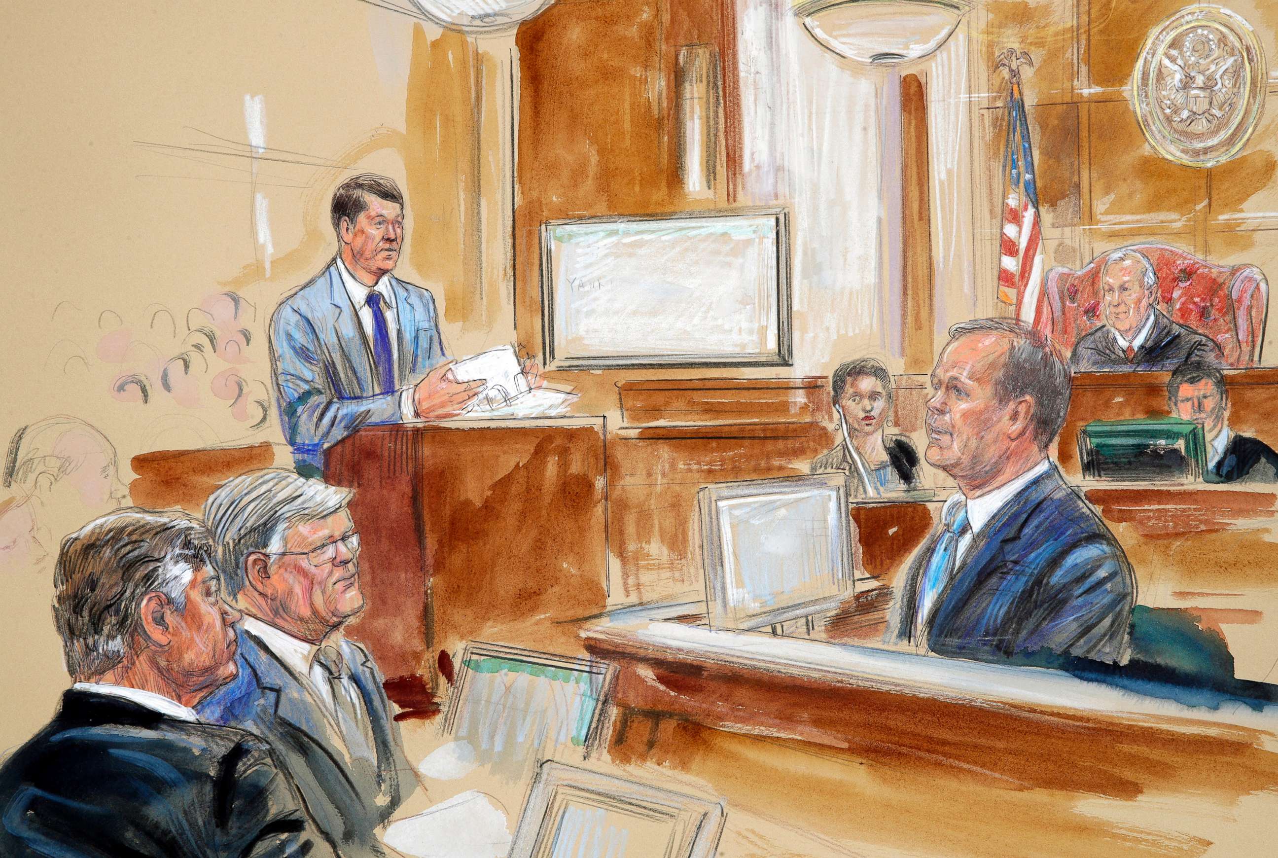 PHOTO: This courtroom sketch depicts Rick Gates, right, testifying during questioning by prosecutor Greg Andres, standing at left, as Paul Manafort, far left, sits with his lawyer Kevin Downing at  in Alexandria, Va., Aug. 7, 2018.