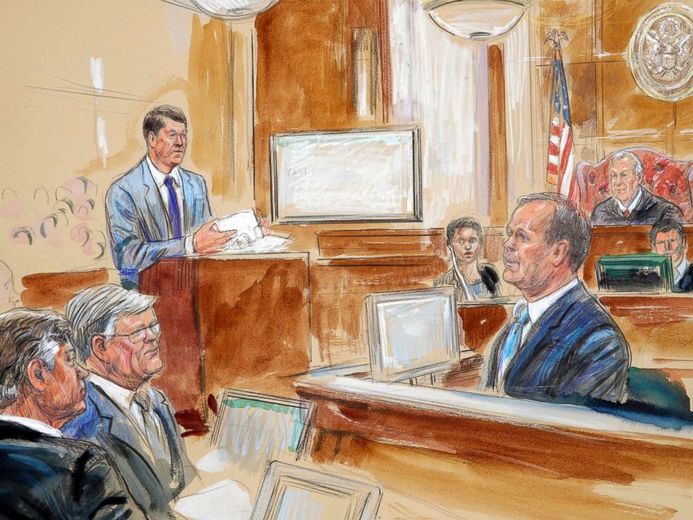 PHOTO: This courtroom sketch depicts Rick Gates, right, testifying during questioning by prosecutor Greg Andres, standing at left, as Paul Manafort, far left, sits with his lawyer Kevin Downing at in Alexandria, Va., Aug. 7, 2018.