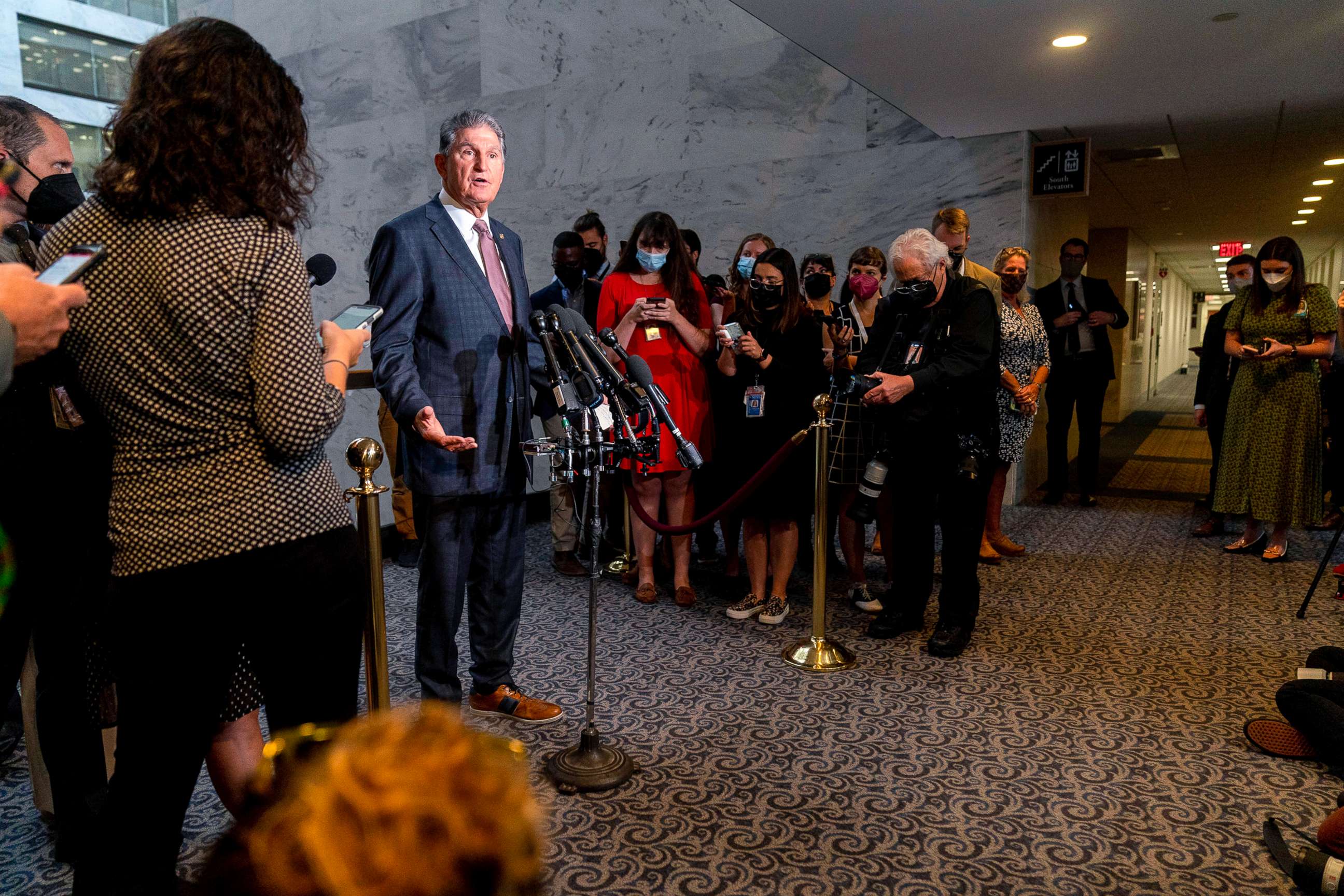 PHOTO: Sen. Joe Manchin speaks at a news conference outside of his office on Capitol Hill in Washington, D.C., Oct. 6, 2021.
