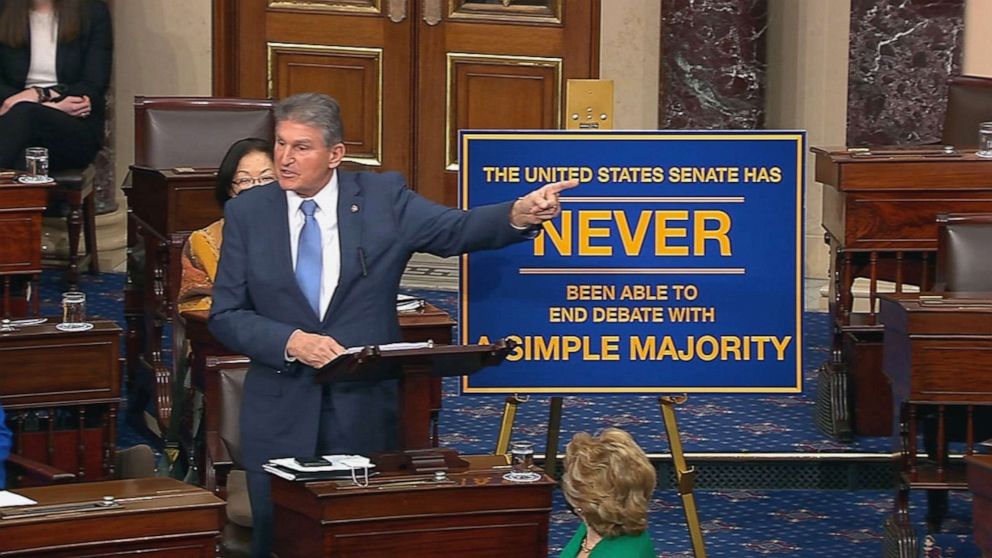 PHOTO: Sen. Joe Manchin speaks during the debate about voting rights legislation on the floor of the U.S. Senate in Washington, D.C., Jan. 19, 2022.