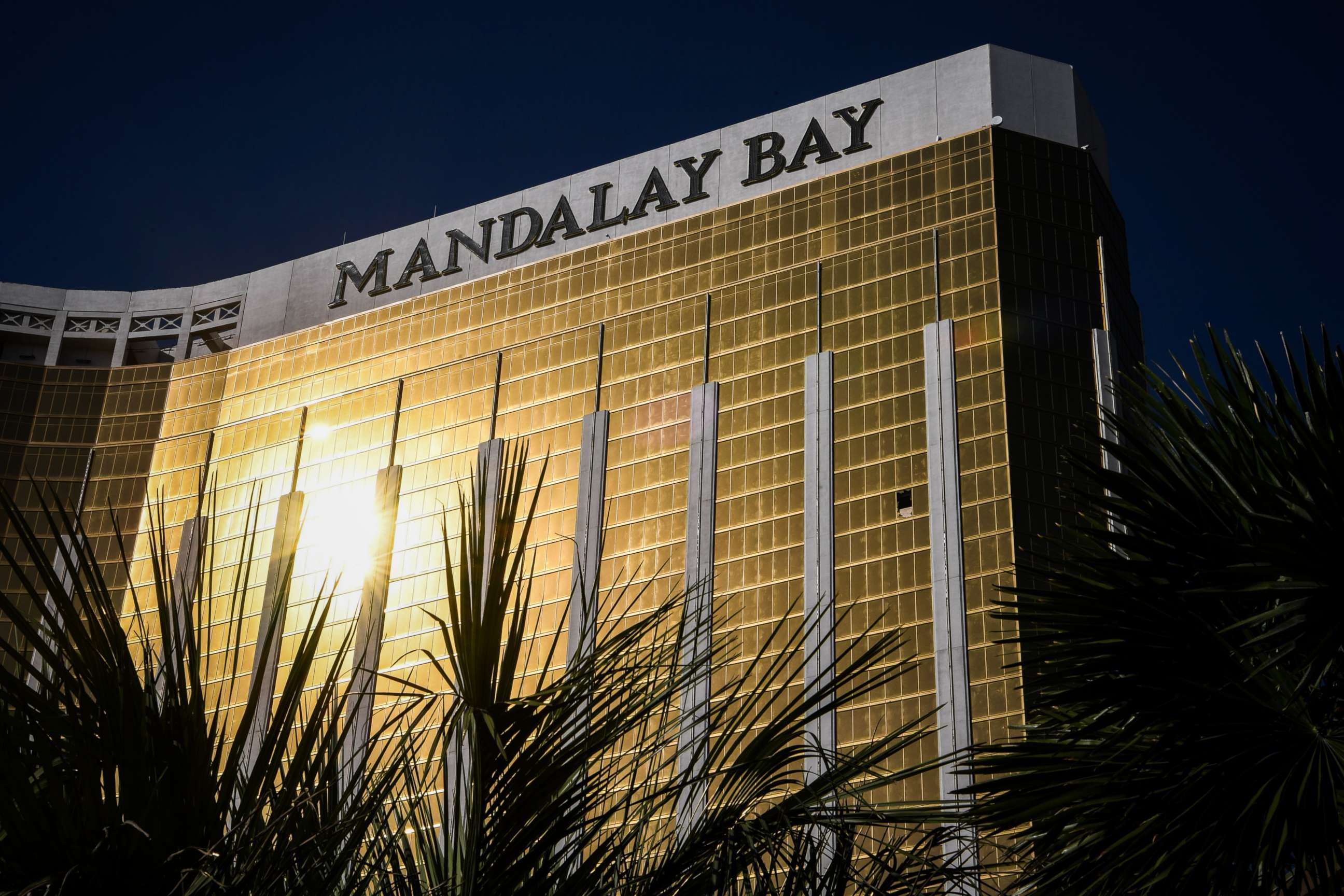 PHOTO: The broken window on the 32nd floor of the Mandalay Bay Hotel and Casino where Stephen Paddock, the gunman who killed 59 people and wounded more than 500 is seen on Oct. 4, 2017, in Las Vegas.