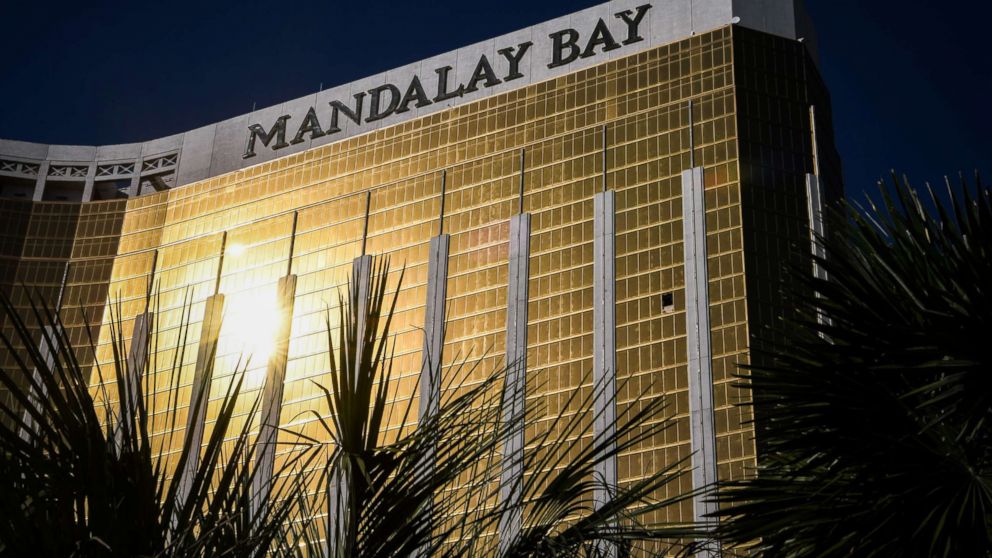 The broken window on the 32nd floor of the Mandalay Bay Hotel and Casino where Stephen Paddock, the gunman who killed 59 people and wounded more than 500 is seen on Oct. 4, 2017, in Las Vegas.