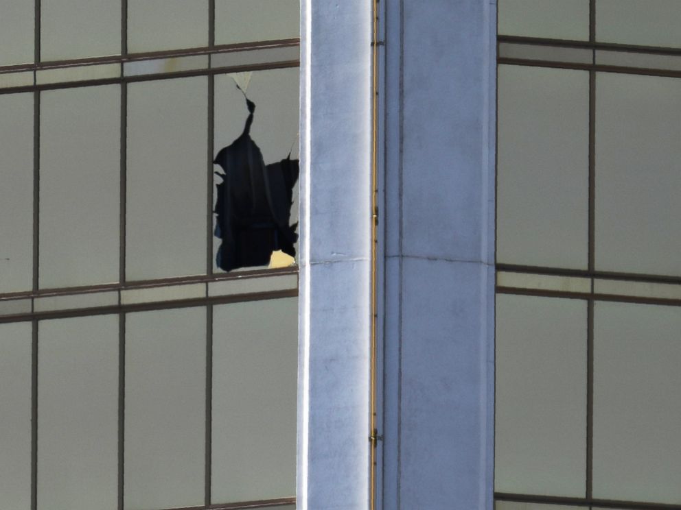 PHOTO: A broken window is seen at The Mandalay Bay Resort and Casino following a mass shooting at the Route 91 Festival in Las Vegas, Oct. 2, 2017.