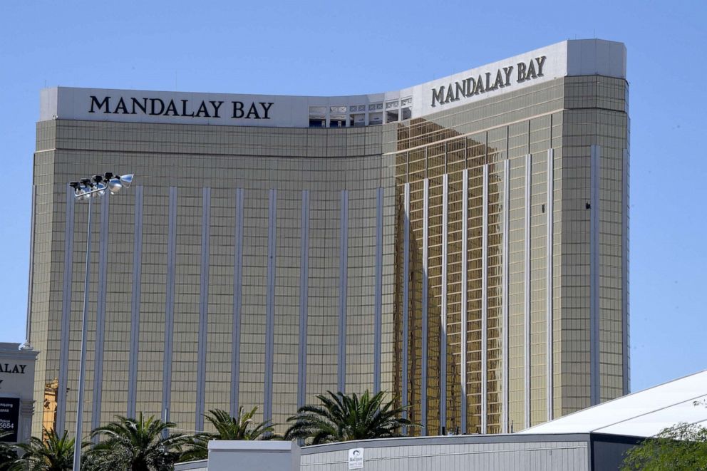 PHOTO: The damaged windows on the 32nd floor room of the Mandalay Bay hotel in Las Vegas, Oct. 2, 2017.
