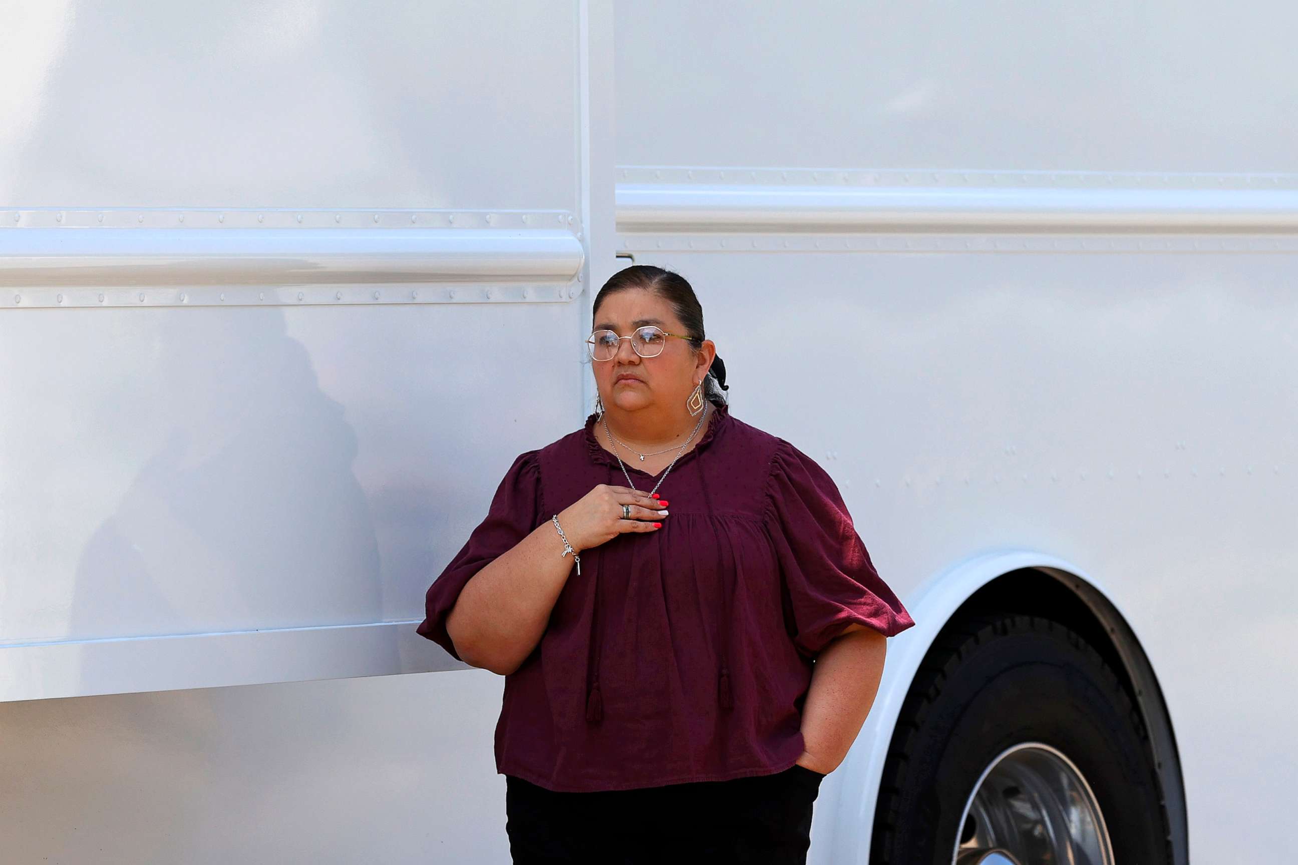 PHOTO: Robb Elementary School principal Mandy Gutierrez waits for President Joe Biden to arrive to honor the victims killed in this week's school shooting, May 29, 2022, in Uvalde, Texas.