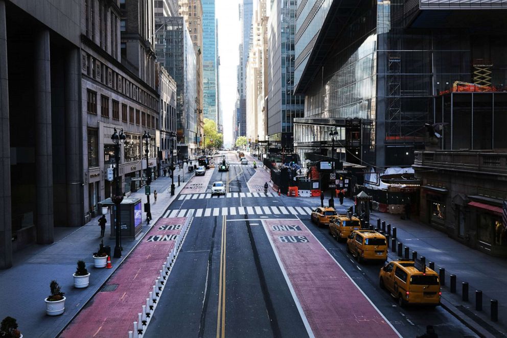 PHOTO: Usually one of the most congested streets in Manhattan, 42nd Street stands nearly empty on May 12, 2020 in New York City.