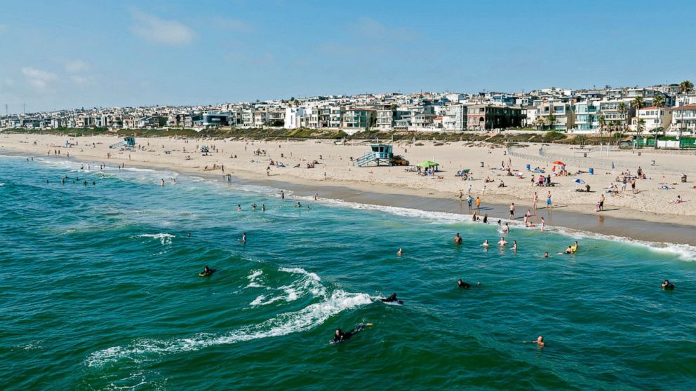 This stock photo depicts swimmers and surfers enjoying the water in Manhattan Beach, California.