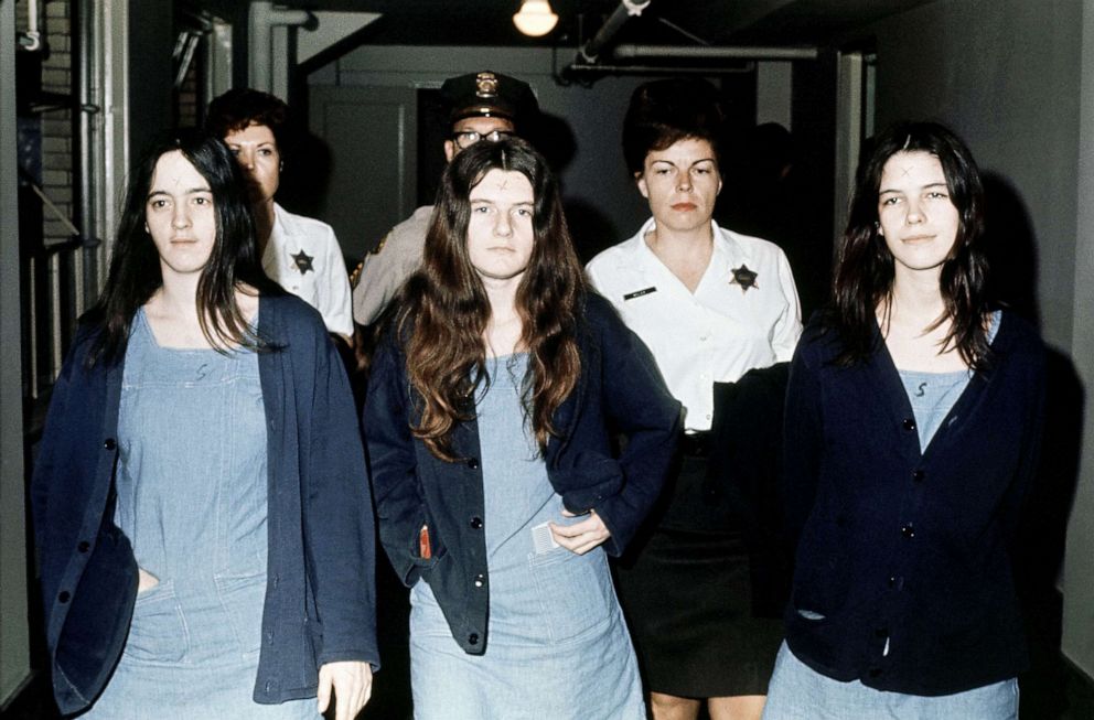 PHOTO: Three female defendants in the Manson court case,, from left; Susan Atkins, Patricia Krenwinkel, Leslie Van Houten, March 29, 1971, return to court to hear the penalty ending a nine-month trial in the Tate-LaBianca murders of Aug. 1969.