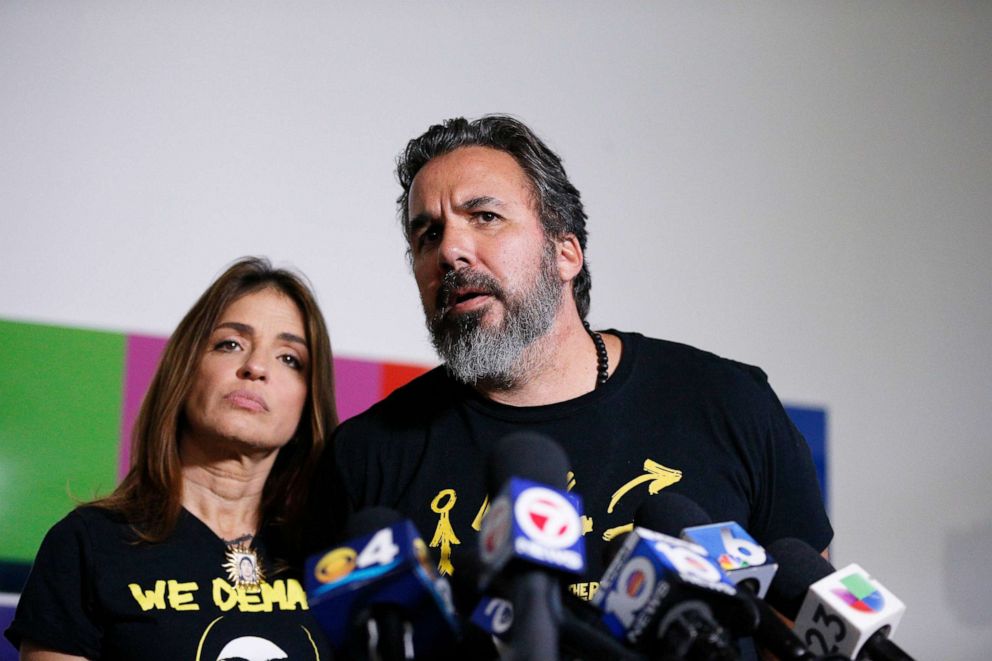 PHOTO: Manuel and Patricia Oliver, parents of Parkland High School shooting victim Joaquin Oliver, speak to the media in Miami, June 5, 2018.