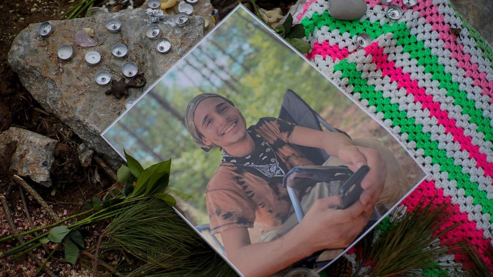 PHOTO: A photograph of Manuel Teran, is seen at a memorial site at the entrance to Weelaunee People's Park, Jan. 21, 2023, near Atlanta.