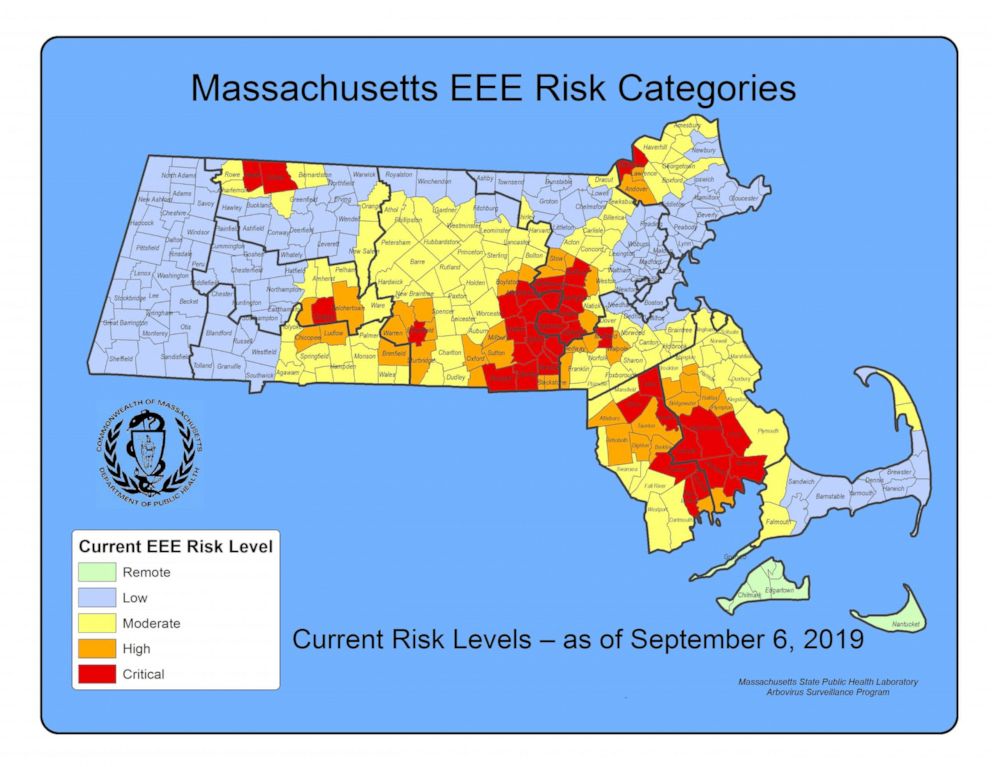 PHOTO: The Executive Office of Health and Human Services in Massachusetts released this map showing risk levels of the eastern equine encephalitis (EEE) virus.