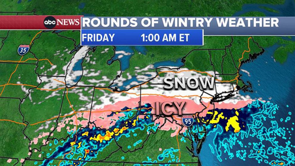 PHOTO: A weather map shows the Feb. 22, 2022 forecast for wintry weather for 1:00am ET on Friday across the Eastern U.S.
