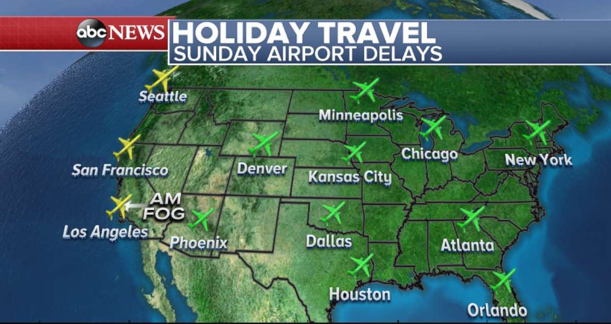 PHOTO: Map showing Sunday airport delays for holiday travel.