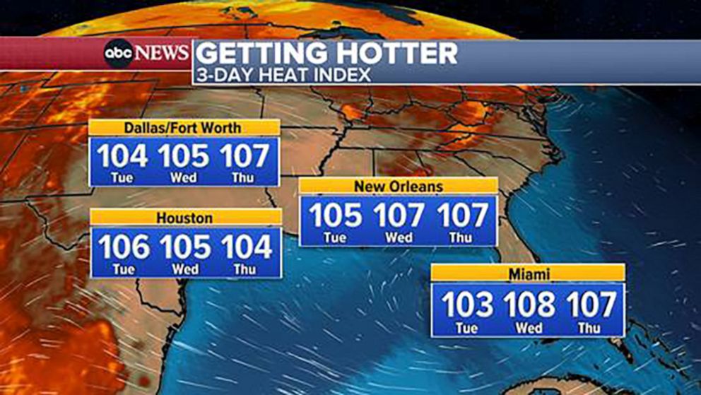 PHOTO: A weather map shows triple-digit temperatures from Texas to Florida, July 10, 2023.