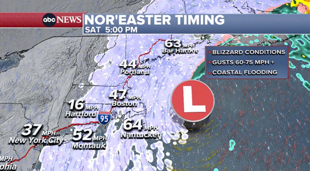 PHOTO: A Jan. 28, 2022 weather map shows the forecast for the timing of a Nor'Easter along East Coast for 5pm on Saturday.