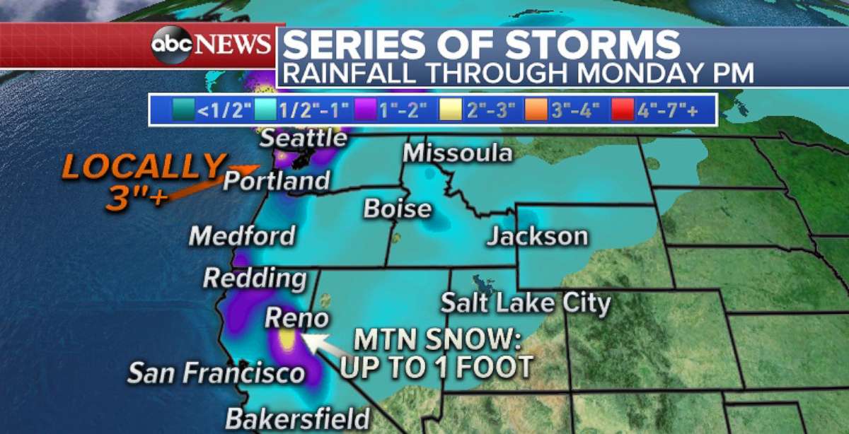 PHOTO: Map showing series of storms and rainfall through Monday.