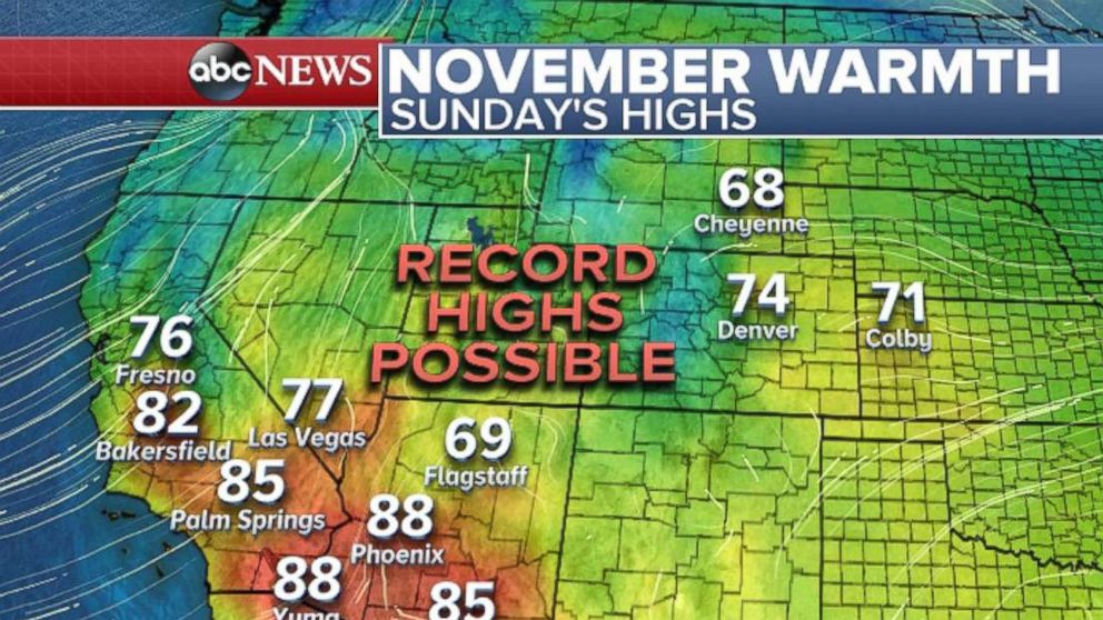 PHOTO: Map showing November warmth and Sunday's high temperatures.