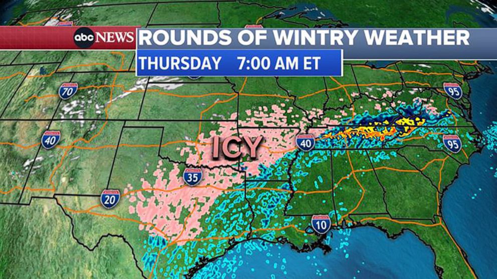PHOTO: A weather map shows the Feb. 22, 2022 forecast for wintry weather for 7:00am ET on Friday across the Southern U.S., from Texas to West Virginia.