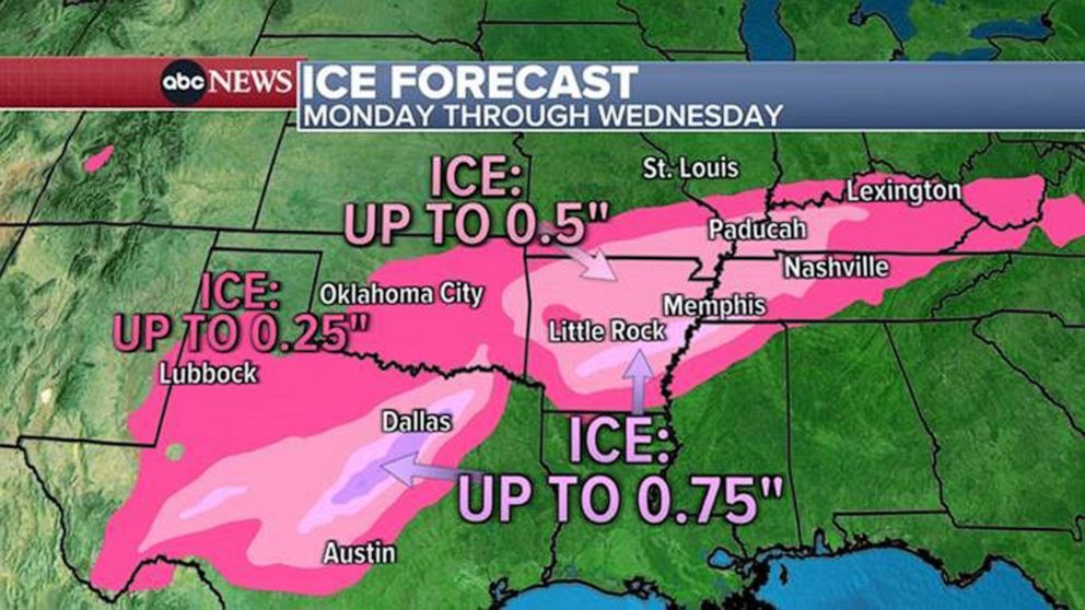 PHOTO: The icy weather will stretch from Texas to Oklahoma City to Little Rock to Memphis to most of Kentucky.