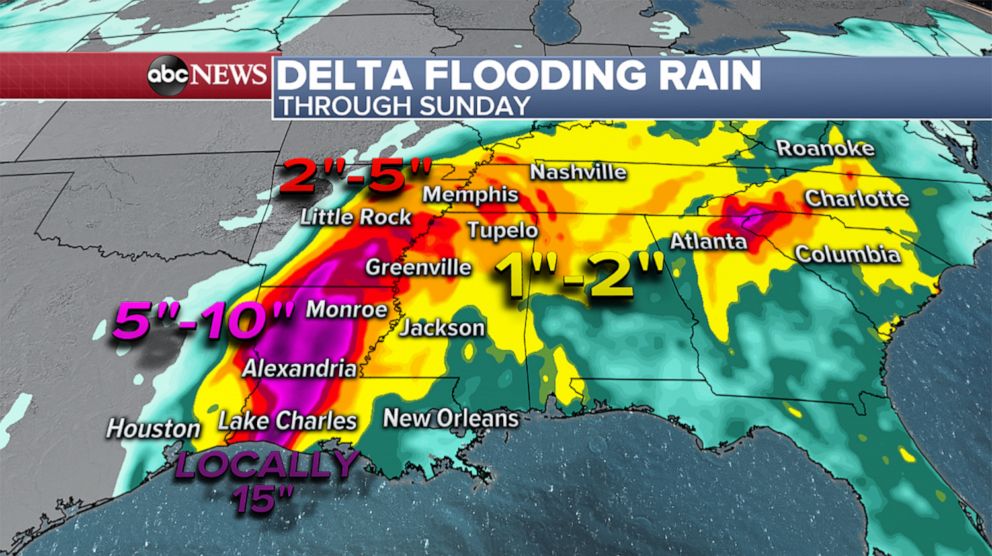 PHOTO: A weather map shows the forecast for storm surge from Hurricane Delta along the Gulf Coast, Oct. 9, 2020.