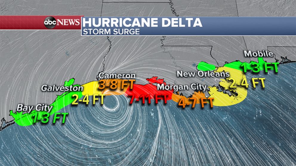 PHOTO: A weather map shows the forecast for storm surge from Hurricane Delta along the Gulf Coast, Oct. 9, 2020.