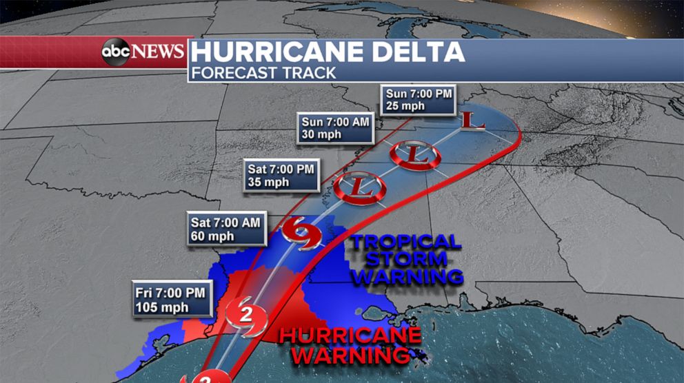 PHOTO: A weather map shows the forecasted track for Hurricane Delta along the Gulf Coast, Oct. 9, 2020.