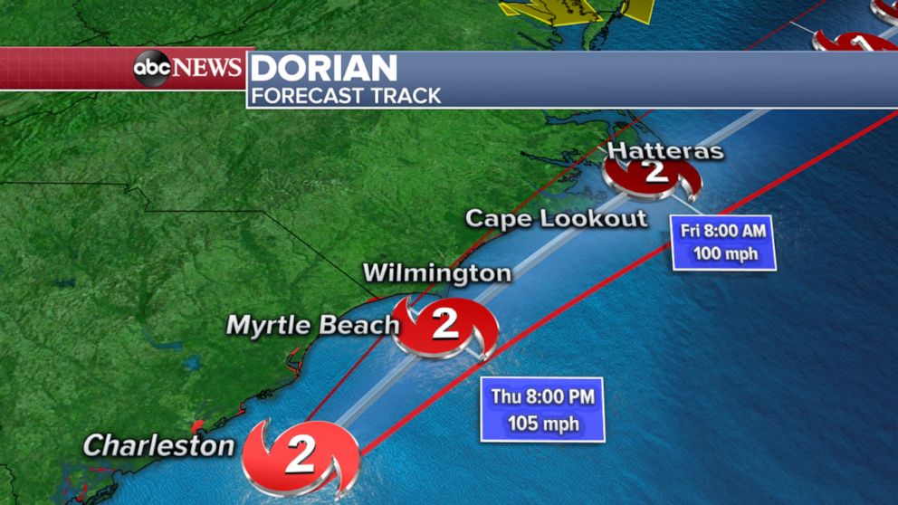 PHOTO: Map shows the latest forecasted track for Hurricane Dorian along the east coast.